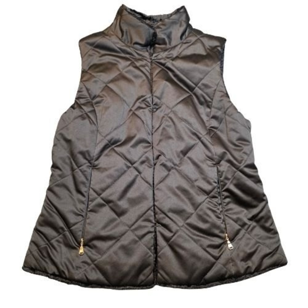 Lauren Ralph Lauren Reversible Petite M Black Quilted Puffer Vest Faux Fur Gold